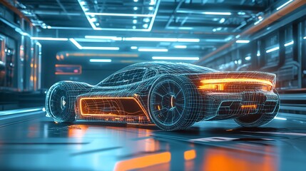 Futuristic electric car on digital technology background