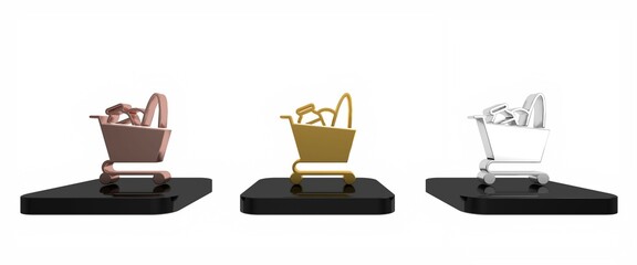 Colorful Shopping cart and food icon isolated on white background. Food store, supermarket. Minimalism concept. 3D render illustration