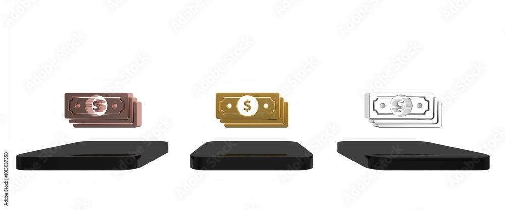 Sticker Colorful Stacks paper money cash icon isolated on white background. Money banknotes stacks. Bill currency. Minimalism concept. 3D render illustration