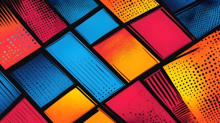 Blank colorful comic abstract background template with dynamic shapes, vibrant colors, speech bubbles, and action lines, perfect for adding text or graphics in a retro pop-art style