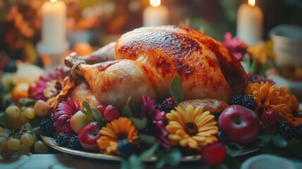 Thanksgiving chicken centerpiece, zoomed-out perspective, adorned with colorful sides, soft lighting, ample copy space.