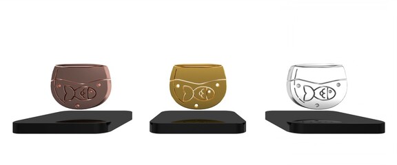 Colorful Aquarium with fish icon isolated on white background. Round glass aquarium. Aquarium for home and pets. Minimalism concept. 3D render illustration