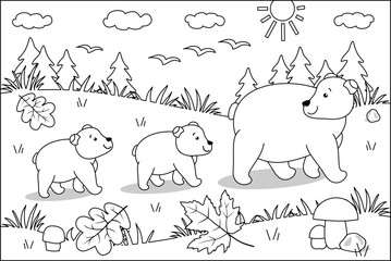 Bear mom and her two cubs are going to their den in autumn coloring page activity
