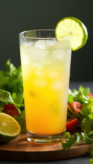 Fototapeta premium A refreshing glass of probiotic soda filled with ice, garnished with fresh fruit slices, showcasing vibrant colors and a fizzy texture, perfect for a healthy and bubbly drink