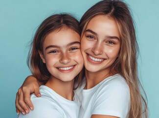 Happy mother and daughter hugging each other, isolated on a blue background. Portrait of a young woman with her mom