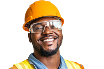 Happy construction worker with protective gear and helmet smiling at the camera, isolated on a white background.
