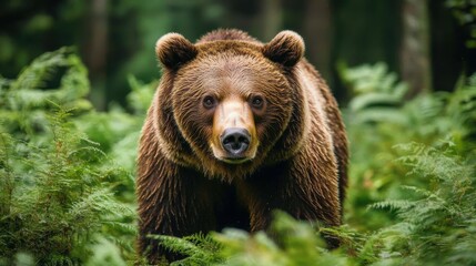 A detailed close-up of a grizzly bear in a lush North American forest, showing its textured fur and powerful stance, with soft lighting illuminating the scene. Ample copy space in the surrounding