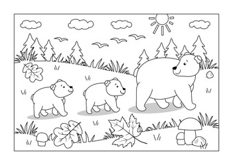Bear mom and her two cubs are going to their den in autumn coloring page activity
