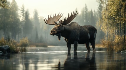 Fototapeta premium A realistic shot of a moose standing in a shallow river, its massive antlers and body captured in detail, with soft reflections in the water creating ample copy space