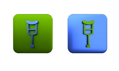 Colorful Crutch or crutches icon isolated on white background. Equipment for rehabilitation of people with diseases of musculoskeletal system. Square button. 3D render illustration