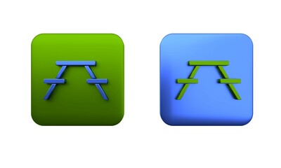 Colorful Picnic table with benches on either side of the table icon isolated on white background. Square button. 3D render illustration