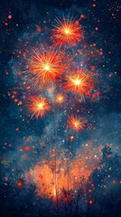 Vibrant Fireworks Bursting in the Night Sky, Perfect for Festive New Year Celebrations and Phone Screensaver Use