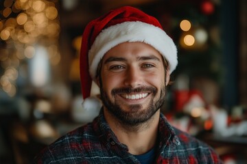 Man wearing a red Santa hat and smiling