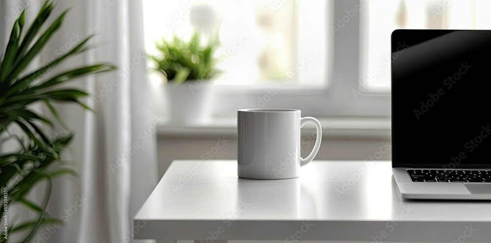 Wall mural minimalist white office desk with laptop and coffee mug on a blurred background, with space for text