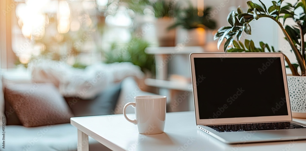 Wall mural Minimalist white office desk with laptop and coffee mug on a blurred background, with space for text, representing the concept of working from home