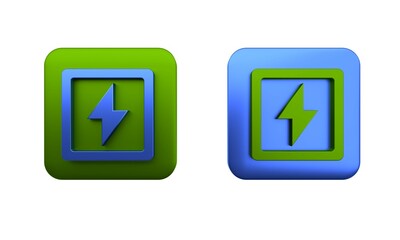 Colorful Lightning bolt icon isolated on white background. Flash sign. Charge flash icon. Thunder bolt. Lighting strike. Square button. 3D render illustration