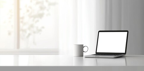 Fototapeta premium Minimalist white office desk with laptop and coffee mug on a blurred background, with space for text, representing the concept of working from home