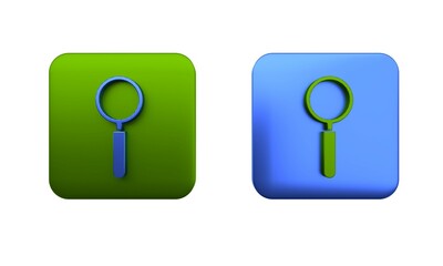 Colorful Magnifying glass icon isolated on white background. Search, focus, zoom, business symbol. Square button. 3D render illustration