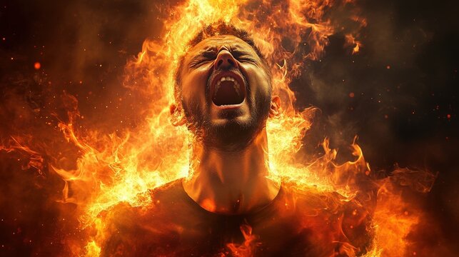 An image of a man expressing strong emotion, surrounded by fiery visuals, creating a dramatic effect, paired with clear copy space for branding or messaging