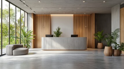 Elegant hotel reception, gray modern furniture, white and wooden walls, concrete flooring, plant pots, clear windows, wood decor accents