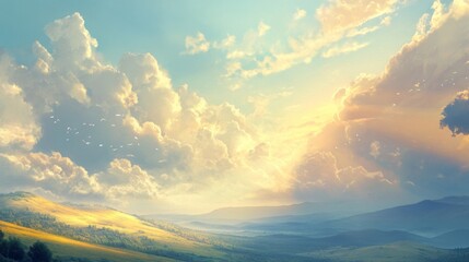 Fototapeta premium Golden sunset over a valley with rolling hills and a dramatic sky.