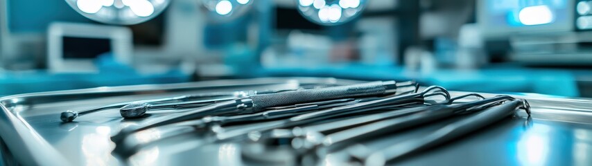 Close-up view of surgical instruments arranged on a sterile tray in a modern operating room, highlighting precision and care.