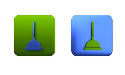 Colorful Rubber plunger with wooden handle for pipe cleaning icon isolated on white background. Toilet plunger. Square button. 3D render illustration