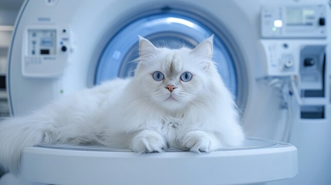 A white Persian cat lies on a CT scan table in a veterinary clinic, undergoing a detailed diagnostic procedure