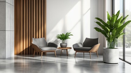 Interior of a sleek hotel waiting room, gray chairs, wood accents, white walls, concrete floor, bright windows, plant pots for greenery