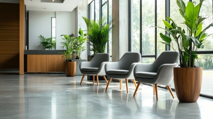 Interior of modern hotel reception, gray chairs, wooden decor, white walls, concrete floor, clear windows, plant pots for a fresh touch