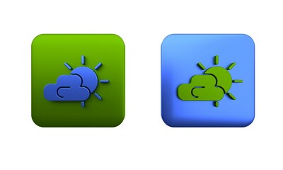 Colorful Sun and cloud weather icon isolated on white background. Square button. 3D render illustration