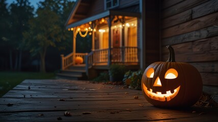 A glowing jack-o'-lantern sits on a wooden table in front of a cozy, lit-up house at dusk.