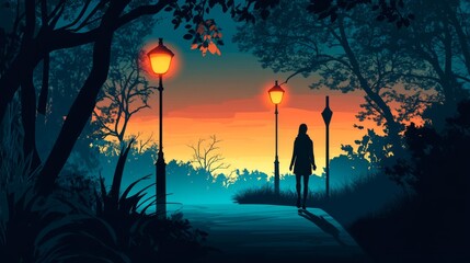 Silhouette of a woman walking on a path in a park at sunset, with two streetlights illuminating the path.