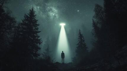 Mysterious nighttime encounter  ufo illuminates lone figure in misty forest under starry sky