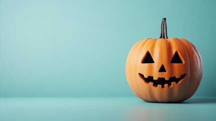 An unlit Halloween Jack O Lantern isolated on a widescreen pale blue background