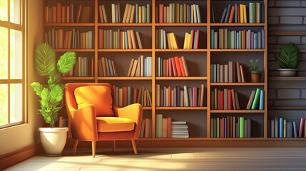 Generative AI illustration of modern library with cozy armchair and book shelves with books arranged in room with potted plant
