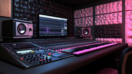 Empty professional studio used in music industry for producing tracks, mixing console and technical equipment in control room. Electronic panel board with sliders and buttons, daw software.
