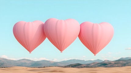 Fototapeta premium Ethereal Heart Shaped Balloons Floating over Serene Pastel Landscape