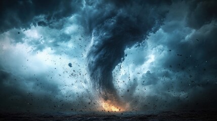 Funnel cloud of a tornado just before touching the ground, isolated in a stormy sky