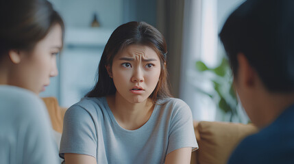 Fototapeta premium Breakup and depressed, asian young quarrel couple love fight relationship in trouble. Different people are emotion angry