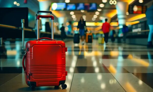 Among the bustle of the airport, a lonely red suitcase, luggage ready for departure, Generative AI