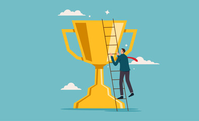 Take small steps to achieve big goal. Man climbing ladder,reaching for golden trophy. Suitable for achievement, success, competition, goals, motivation, aspiration, career advancement concepts