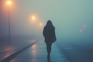 Silhouette of a woman walking alone on a foggy street at night.