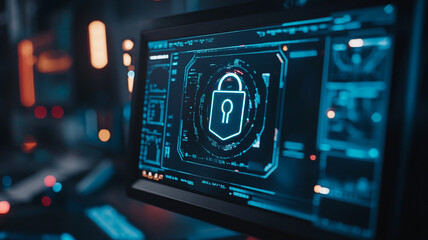 Monitoring cybersecurity threats on a digital screen in a tech-focused environment at night