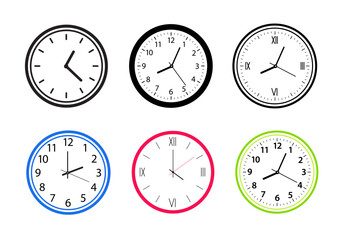 Set of wall clock. Simple wall clock. Minimalist watch. Classic design wall clock. Analog clock. Vector illustration