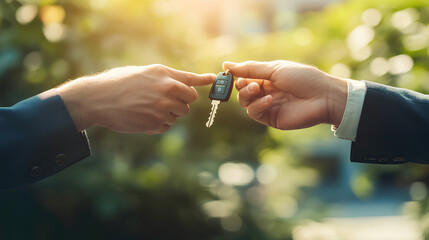 Business car rental company service, Close up hand of agent dealer giving, holding car key to customer renter, new owner after signed rental, purchase contract in document, vehicle sales agreement