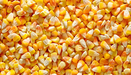 Delicious candy corns as background, top view