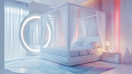 White canopy bed in a modern, minimalist bedroom.