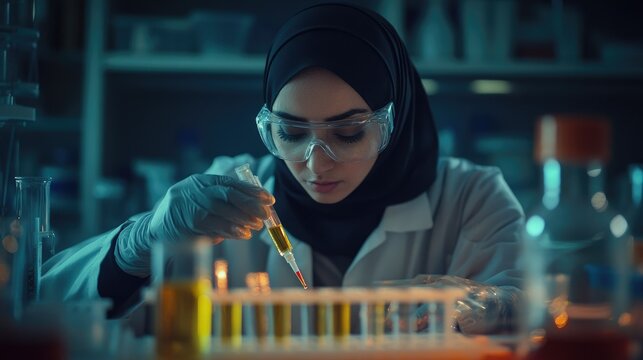 Arab Woman Scientist in Lab Conducting Experiments