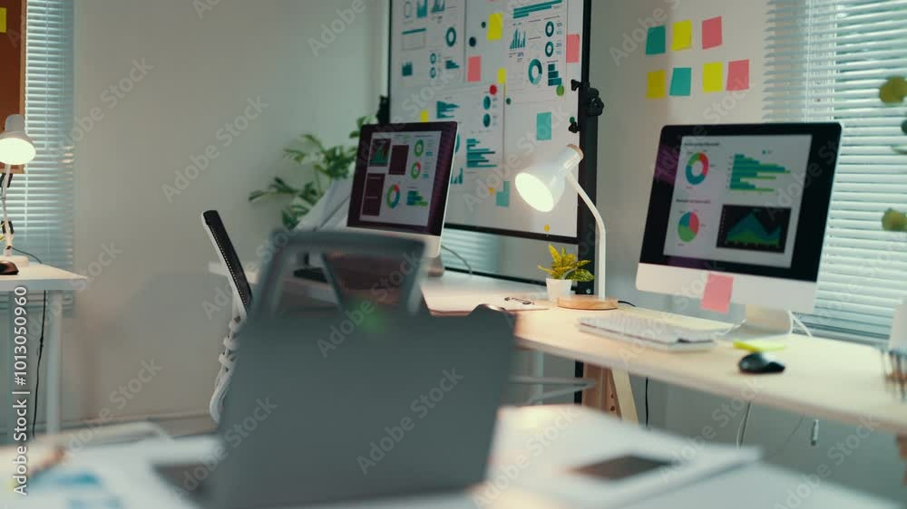 Aufkleber Nobody is working at a desk in a small startup business office. A computer screen on a desk shows charts and data visualizations
